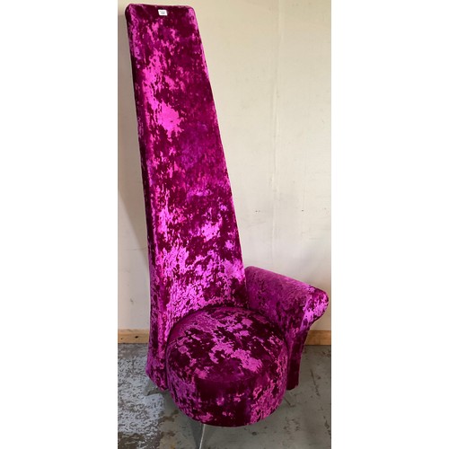 434 - Modern high back designer arm chair, upholstered in self patterned fuchsia velour, on brushed metal ... 