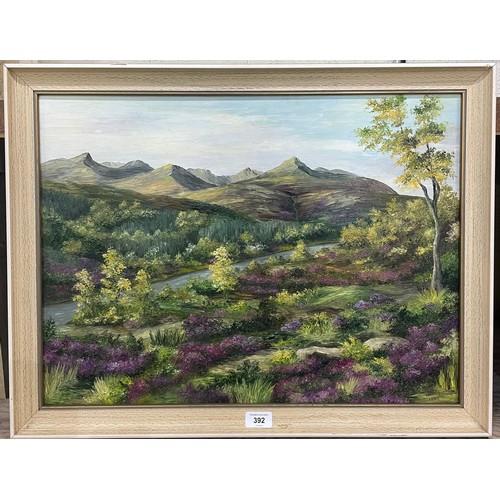 392 - Demay (British 20th century); Scottish landscape oil on board, signed and dated 1982, gallery label ... 