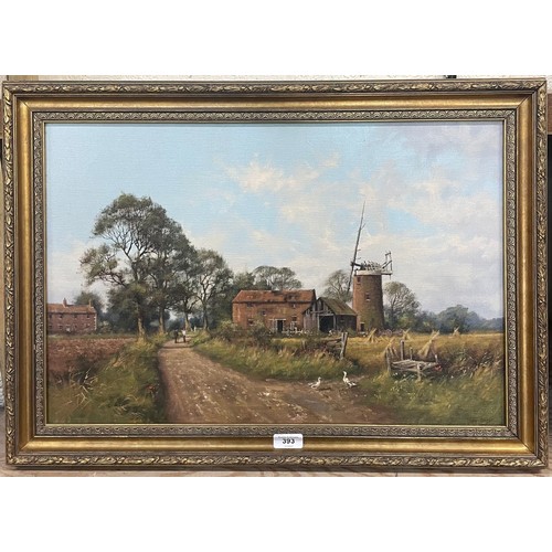 393 - James Wright (British, b.1935); Figures on a pathway by a windmill, oil on canvas, signed, 40cm x 60... 