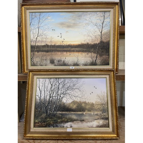 396 - N. Spilman (British 20th century); Ducks over a wooded lake, oil on canvas, signed & dated '85' and ... 