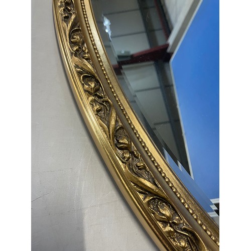 677 - Oval wall mirror bevelled plate in floral moulded gilt frame, 100cm x 67cm