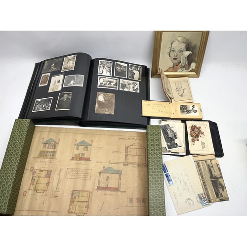 65 - Collection of early 20th century ephemera, incl. sketchbook, framed watercolour, photographs, archit... 