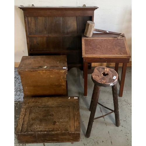 469 - 19th century oak three tier wall shelf, childs desk, 19th century stained pine writing slope stool, ... 