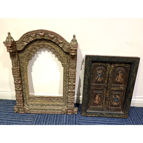 826 - Gilt carved wooden window mirror frame, and an Indian window frame, with four figural painted panels... 