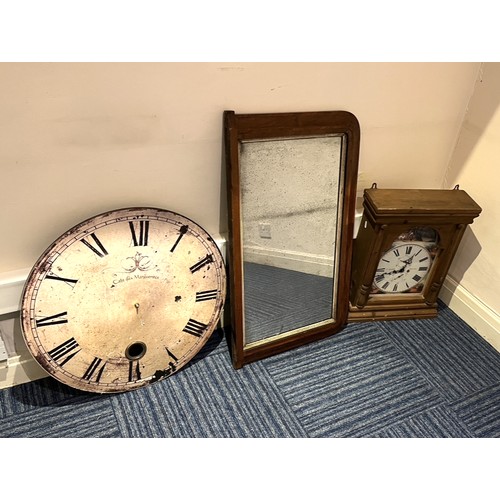 828 - Victorian overmantle mirror, Victorian style mantle clock and a similar wall clock (3)