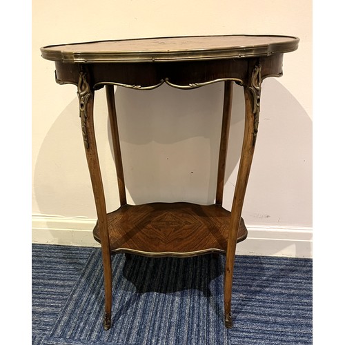 829 - French gilt metal mounted two tier oval side table with floral inlaid top on shaped supports W56cm D... 