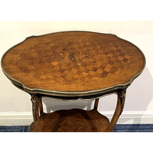 829 - French gilt metal mounted two tier oval side table with floral inlaid top on shaped supports W56cm D... 