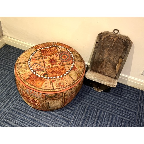 830 - Indian circular pouffe, with embroidered decoration and shell detail, D60cm H31cm, and an Indian wal... 