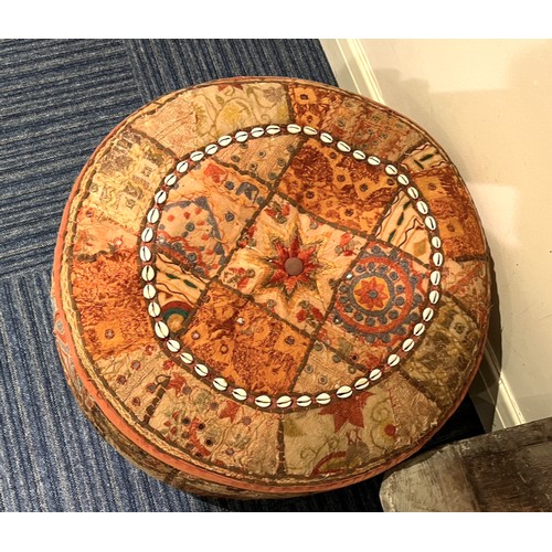 830 - Indian circular pouffe, with embroidered decoration and shell detail, D60cm H31cm, and an Indian wal... 