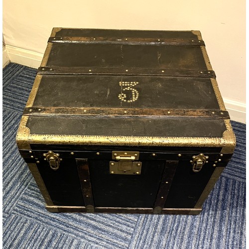 834 - Edwardian brass and wood bound square trunk, top brass nailed 3, with leather handles,W62cm D62cm H4... 