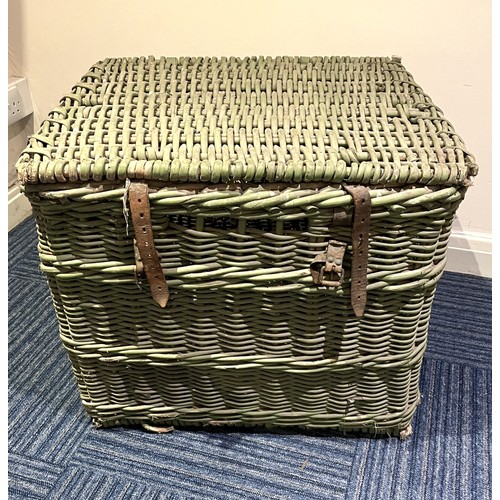 835 - Green painted wicker laundry basket or skip, with leather straps, W66cm D63cm H56cm