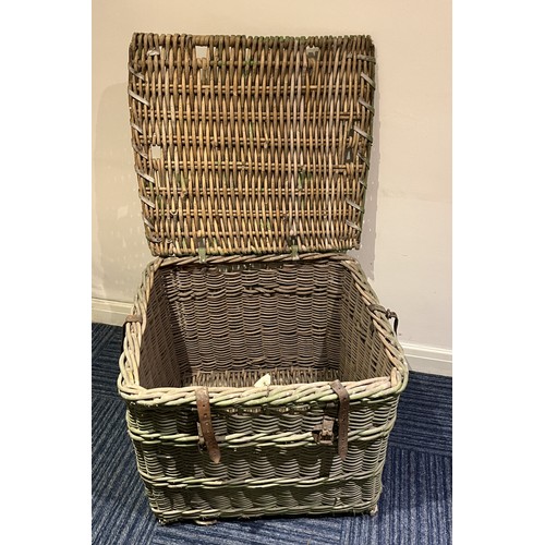 835 - Green painted wicker laundry basket or skip, with leather straps, W66cm D63cm H56cm