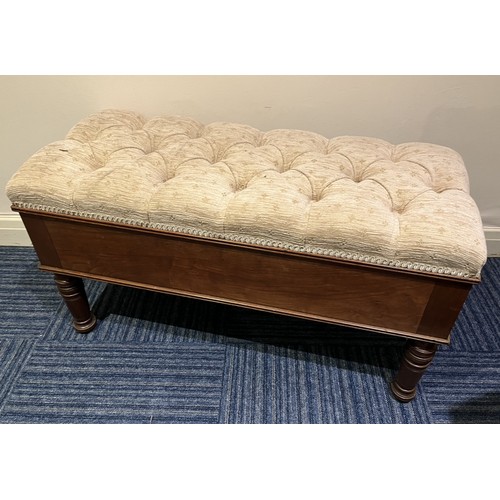 836 - Edwardian mahogany window seat or stool, with deep buttoned upholstered hinged top, on turned suppor... 