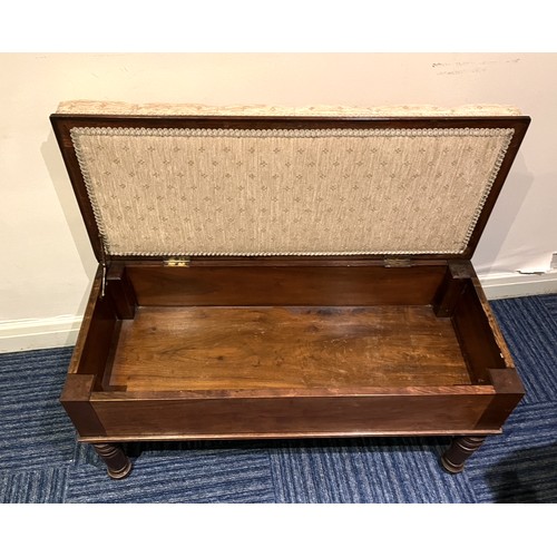 836 - Edwardian mahogany window seat or stool, with deep buttoned upholstered hinged top, on turned suppor... 