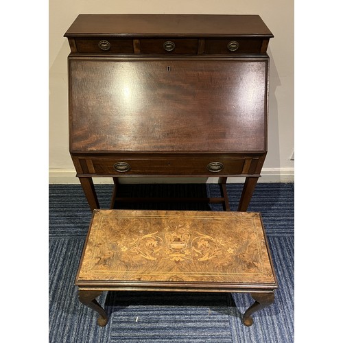 837 - Edwardian mahogany bureau, fall front with fitted interior on square supports with stretchers, and a... 