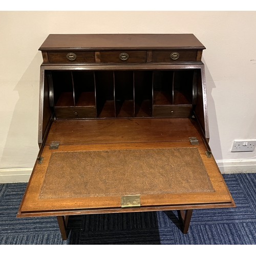 837 - Edwardian mahogany bureau, fall front with fitted interior on square supports with stretchers, and a... 