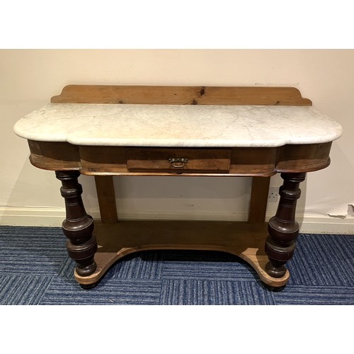 838 - Victorian washstand, shaped white marble top on turned supports with under-tier and bun feet, W123cm... 