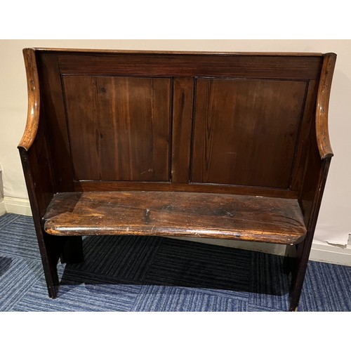 840 - Victorian pitch pine pew type seat, curved panel back on solid end supports, W122cm D35cm H105cm