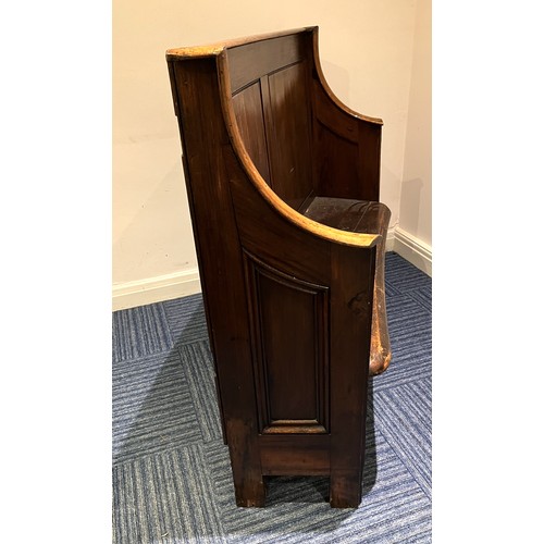 840 - Victorian pitch pine pew type seat, curved panel back on solid end supports, W122cm D35cm H105cm