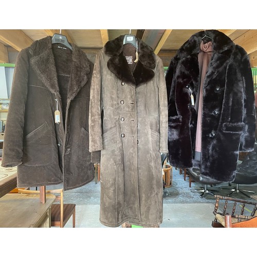 264 - Three jackets - long women's sheepskin 8-10, black short women's fur coat 10-12, men's small sheepsk... 