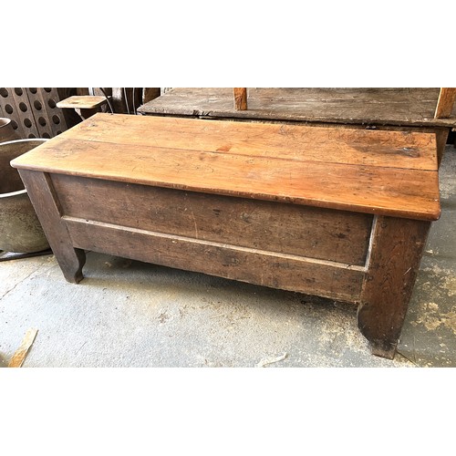 848 - 19th century continental planked coffer or dough bin with hinged top, on shaped supports, W162cm D62... 