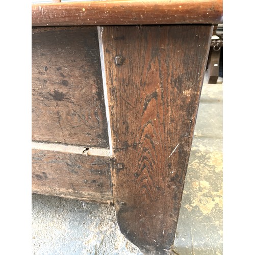 848 - 19th century continental planked coffer or dough bin with hinged top, on shaped supports, W162cm D62... 