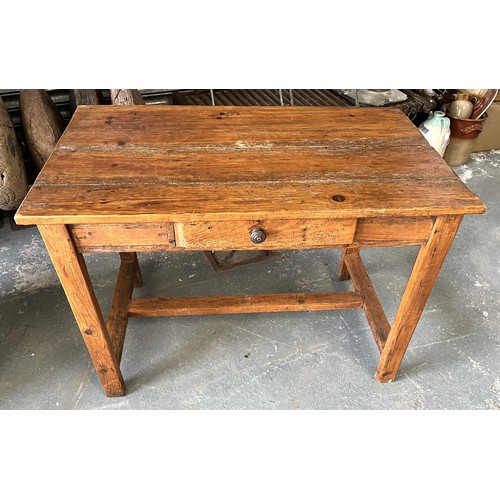 850 - Victorian pitch pine kitchen table, planked top on square supports with stretchers, W100cm D60cm H70... 