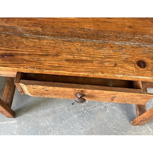 850 - Victorian pitch pine kitchen table, planked top on square supports with stretchers, W100cm D60cm H70... 