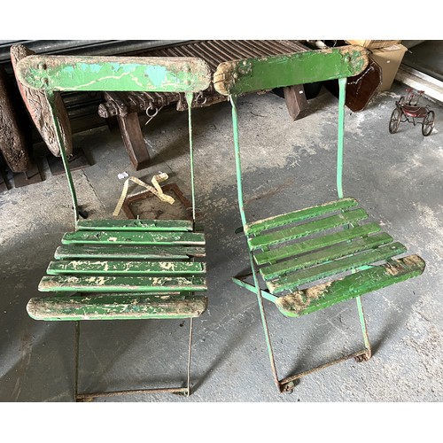 851 - Pair of Vintage folding garden chairs with wooden slats, and a Nursery Rhyme board, (3)