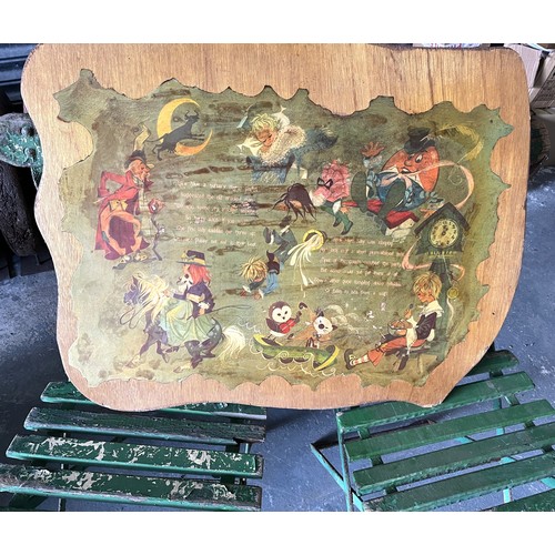 851 - Pair of Vintage folding garden chairs with wooden slats, and a Nursery Rhyme board, (3)