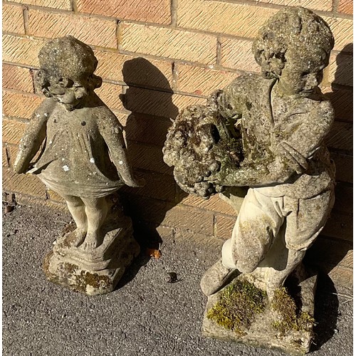 690 - Two weathered cast stone garden sculptures of females, on square pedestals, H120cm max (2)