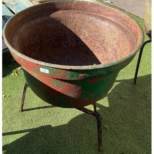 854 - Large Irish green painted cast iron potato pot on triangular tripod stand, H76cm