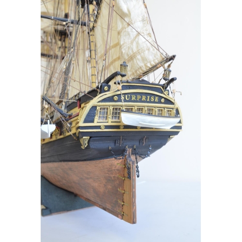 1323 - Large well built and finished wooden plank on frame 1/48 scale 3 masted frigate HMS Surprise, model ... 