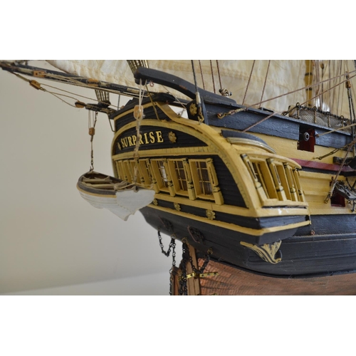 1323 - Large well built and finished wooden plank on frame 1/48 scale 3 masted frigate HMS Surprise, model ... 