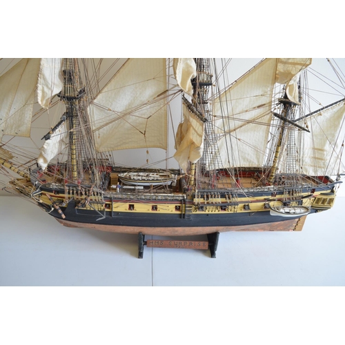 1323 - Large well built and finished wooden plank on frame 1/48 scale 3 masted frigate HMS Surprise, model ... 