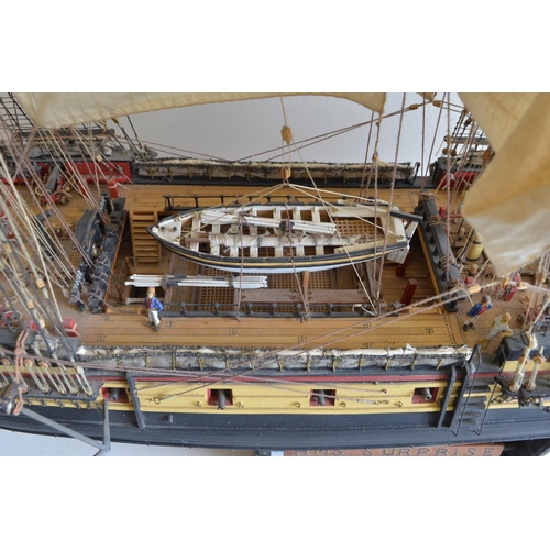 1323 - Large well built and finished wooden plank on frame 1/48 scale 3 masted frigate HMS Surprise, model ... 