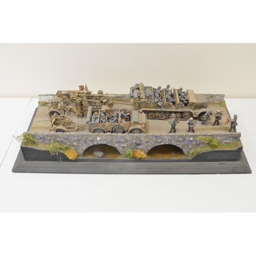 1296 - Well made and highly detailed 1/35 scale plastic model WWII diorama, depicting German armour crossin... 