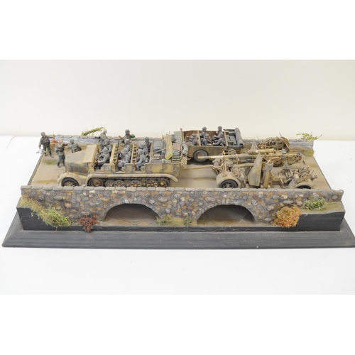 1296 - Well made and highly detailed 1/35 scale plastic model WWII diorama, depicting German armour crossin... 