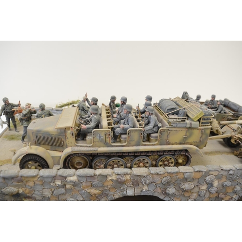 1296 - Well made and highly detailed 1/35 scale plastic model WWII diorama, depicting German armour crossin... 