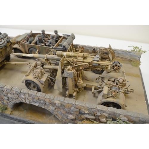 1296 - Well made and highly detailed 1/35 scale plastic model WWII diorama, depicting German armour crossin... 