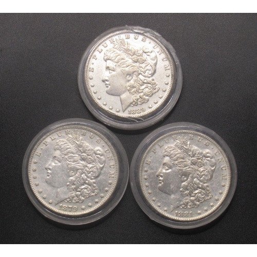 672 - Carson City Mint - 1879 silver dollar, 1881 silver dollar and a 1889 silver dollar, all encapsulated... 