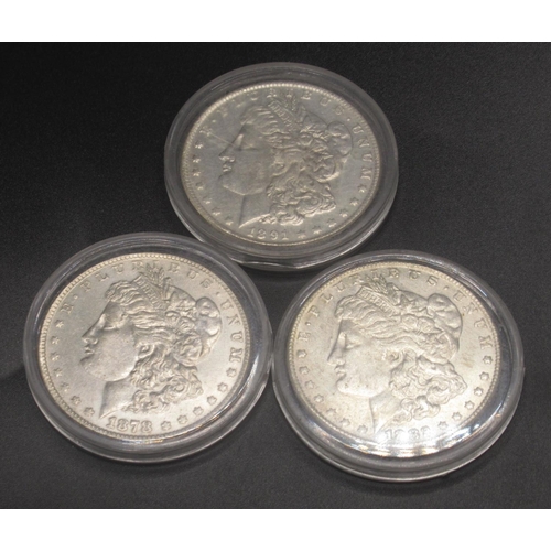 671 - Carson City Mint - 1878 silver dollar, 1882 silver dollar and a 1891 silver dollar, all encapsulated... 