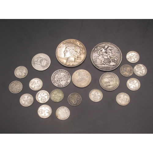 698 - Collection of GB Pre-1920 silver content and a 1928 US Peace dollar to inc. 1893 Crown, 1898 Shillin... 