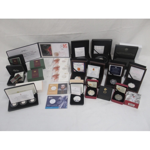 708 - Collection of silver proof coins to inc. Britannia 2015 £50 coin, The Shakespeare UK £50 coin, 3 The... 