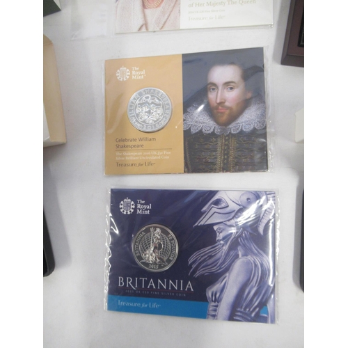 708 - Collection of silver proof coins to inc. Britannia 2015 £50 coin, The Shakespeare UK £50 coin, 3 The... 