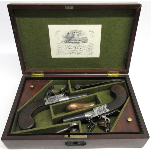 59 - Cased pair of flintlock 40 bore pocket pistols by Akrill of Beverley, 1 3/4