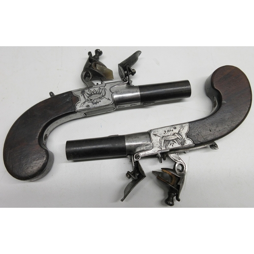 59 - Cased pair of flintlock 40 bore pocket pistols by Akrill of Beverley, 1 3/4