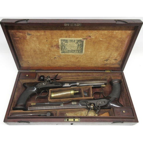 61 - A fine cased pair of flintlock 20 bore saw-handled duelling pistols by William Parker, 233 High Holb... 