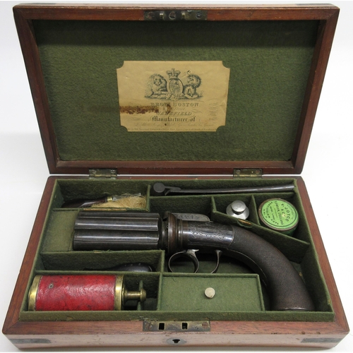 109 - Cased English 32 bore 'pepperbox' percussion revolver pistol, colour hardened cylinder with six 3.5 ... 