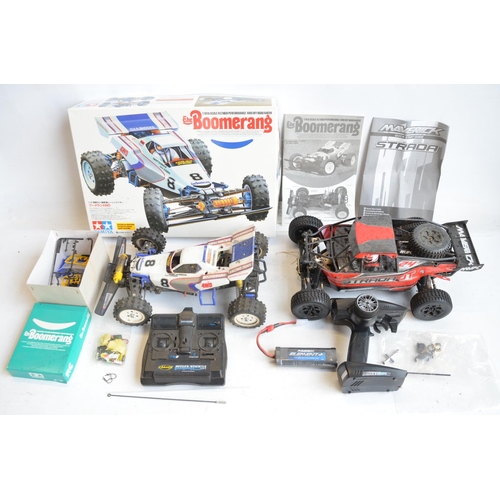 1346 - Tamiya Boomerang and Maverick Strada battery powered 4 wheel drive radio controlled cars, both in wo... 